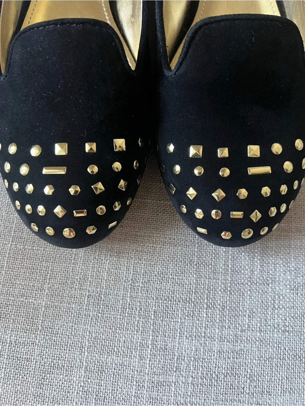 Anne Klein women’s dressy office Black leather gold Studded Loafer flats, 6.5